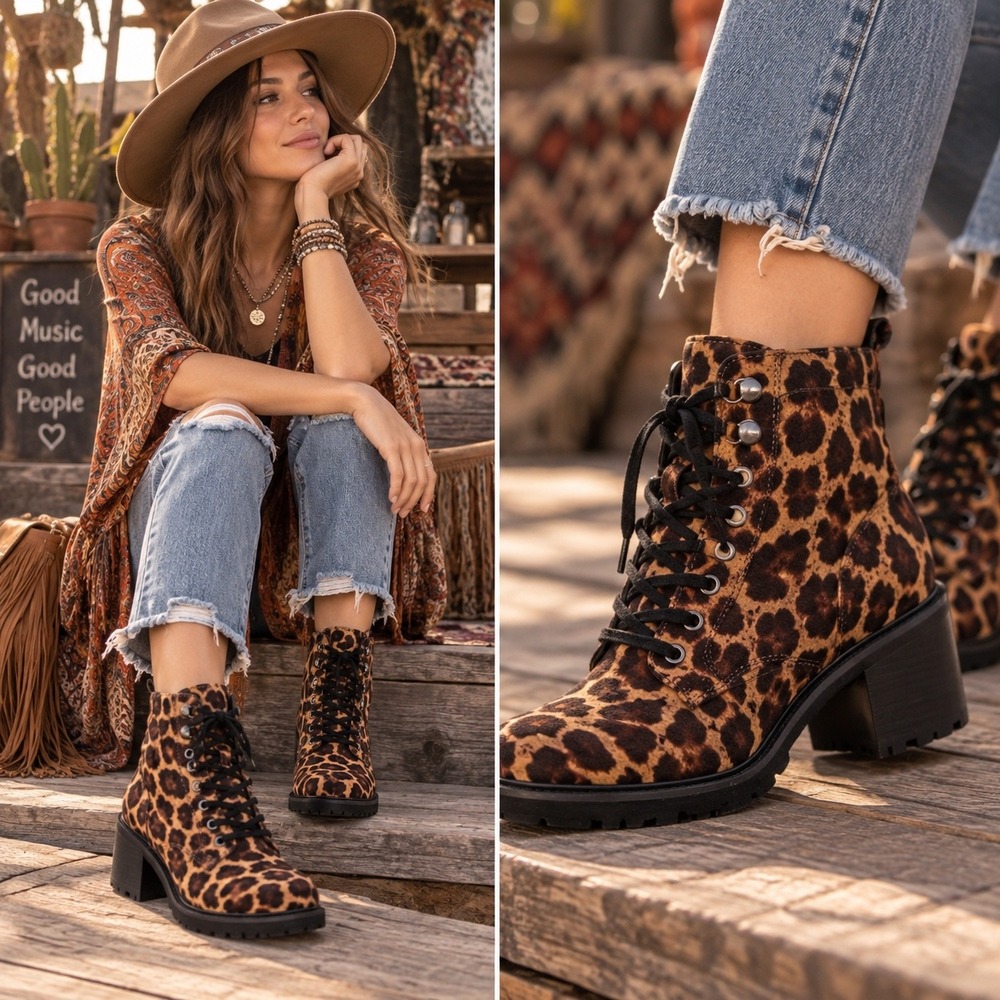 Seychelles Leopard Print‎ Combat Boots Chunky Heel Lace Up Women Size 6